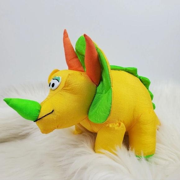 Vtg 1993 Creation Toys Dino Dudes Yellow Triceratops Dinosaur Nylon Plush 13" - Picture 1 of 7
